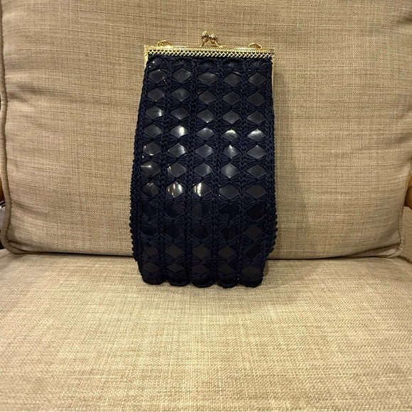 Vintage Crochet Navy Blue Gold Chain Kiss Lock Bag by Solar LTD Italy - Picture 2 of 9